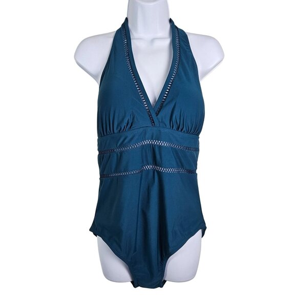 Tempt Me Womens Sexy Cutout Plunge Halter One Piece Swimsuit Teal Size XL Beach - Picture 4 of 7